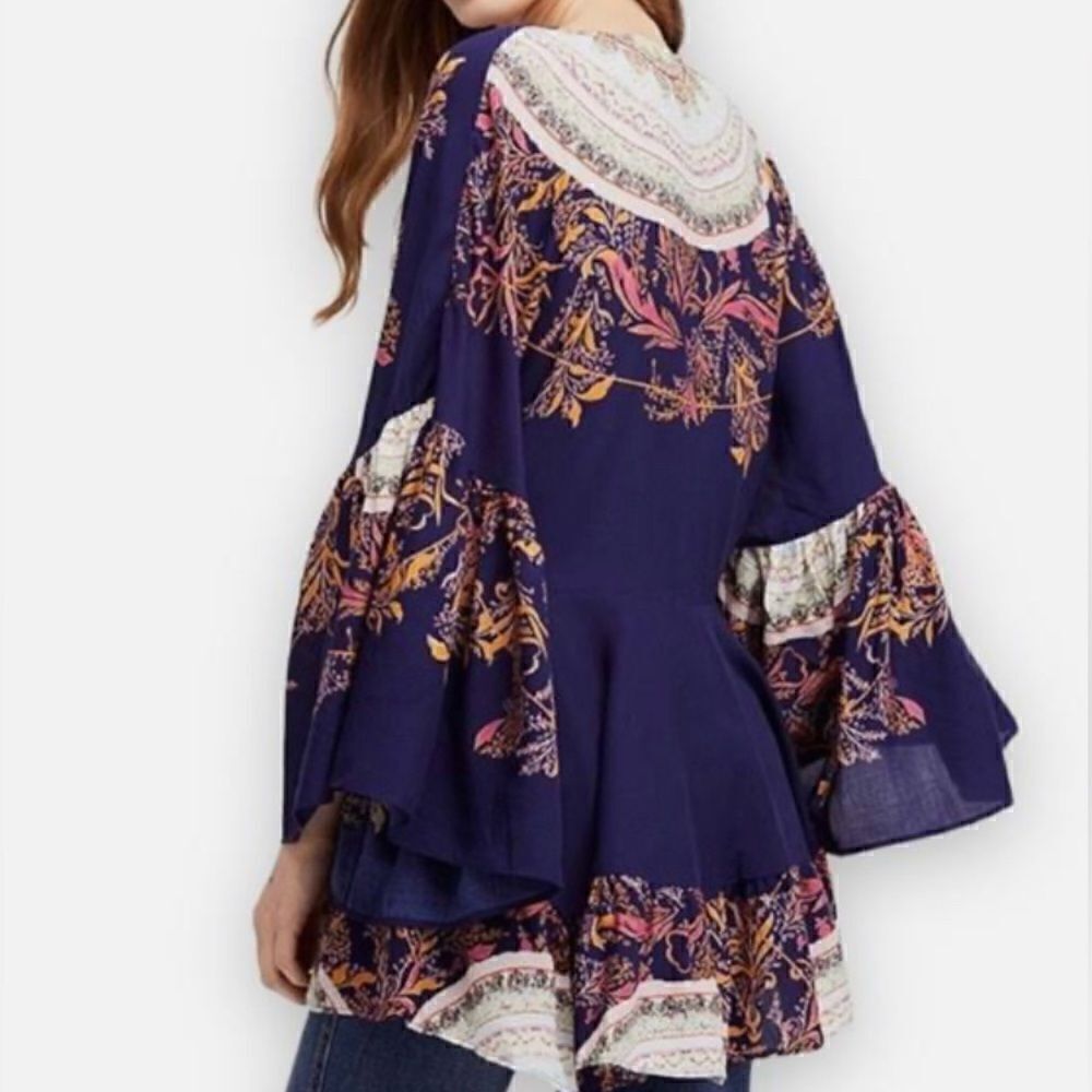 Free People Sunset Dreams Ruffle Boho Top In Blue Size Small - Picture 5 of 16